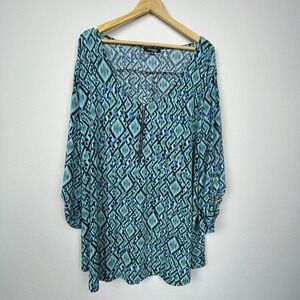 Ava & Grace Blouse Women's Sz 3X Green Blue Print‎ Jersey 3/4 Sleeve Office Top